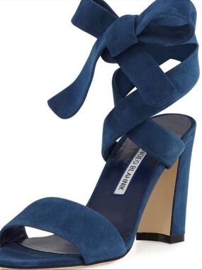 Manolo Blahnik Tondala Wrap Heels Blue Suede size 40 NEW IN BOX